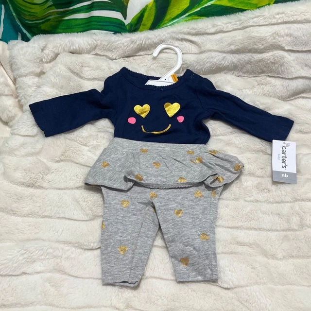 NWT Carters Newborn Blue Grey Gold Smiley Face Ruffle Two Piece Infant Baby Set