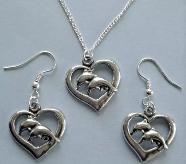 Earrings & NECKLACE #237 Pewter TWO DOLPHINS in HEART (22mm) silver tone Set