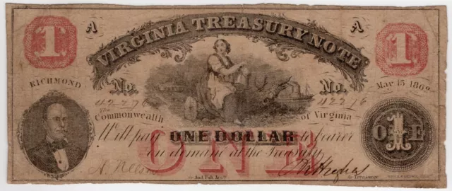 1862 $1 Virginia Treasury Note, CR-16 Currency, Fine+, Rarer Type! Fully Framed!