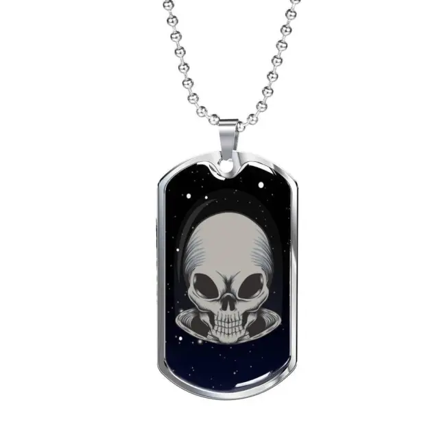 Alien UFO Fan Gift Alien Skull Necklace Stainless Steel or 18k Gold Dog Tag 24"