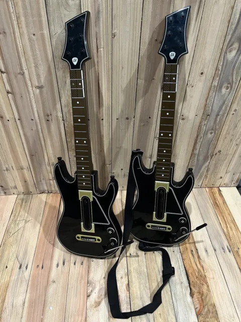 Lot Of 2 Guitar Hero Power Wireless Guitars Xbox 360 PS3 Black Gold (No dongles)