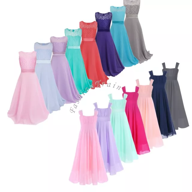 Flower Girls Lace & Chiffon Party Formal Bridesmaid Wedding Dress Long Prom Gown