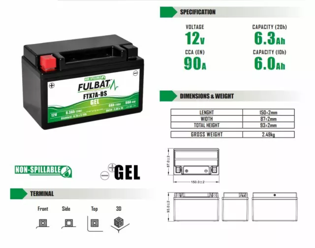 Bateria de Moto Fulbat Gel FTX7A-BS / YTX7A-BS 2