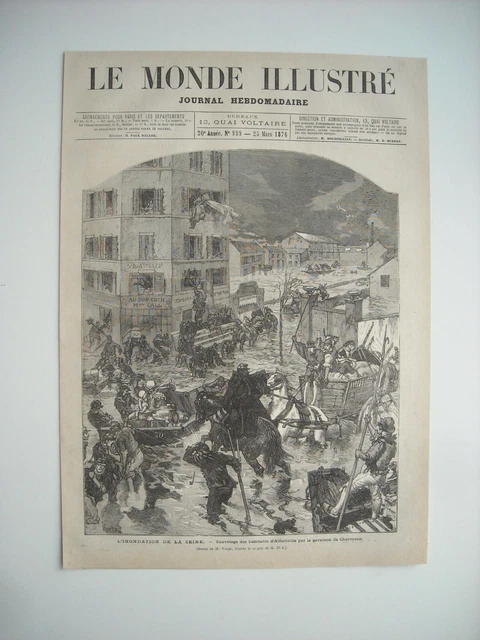 Gravure 1876. L’inondation De La Seine. Sauvetage Habitants D’alfortville Par