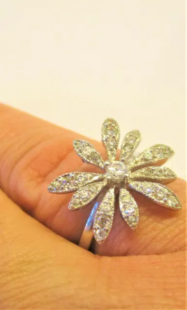 Sterling Silver Stunning Sparkling Bling Cubic Zirconia Crystal Flower Ring  P