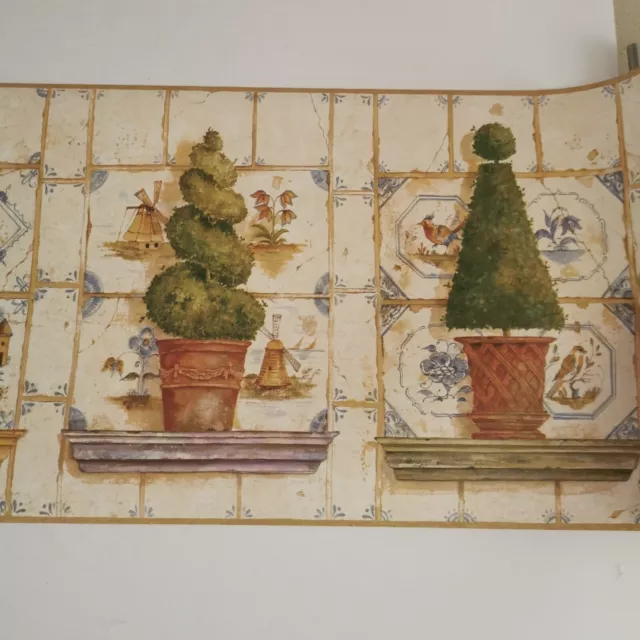 2 Rolls York Prepasted Decorative Border Topiaries Countryside NOS Delft Tiles