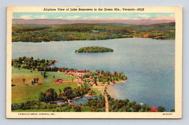 Airplane View Lake Bomoseen Green Mts Vermont Linen Postcard PM Manchester VT
