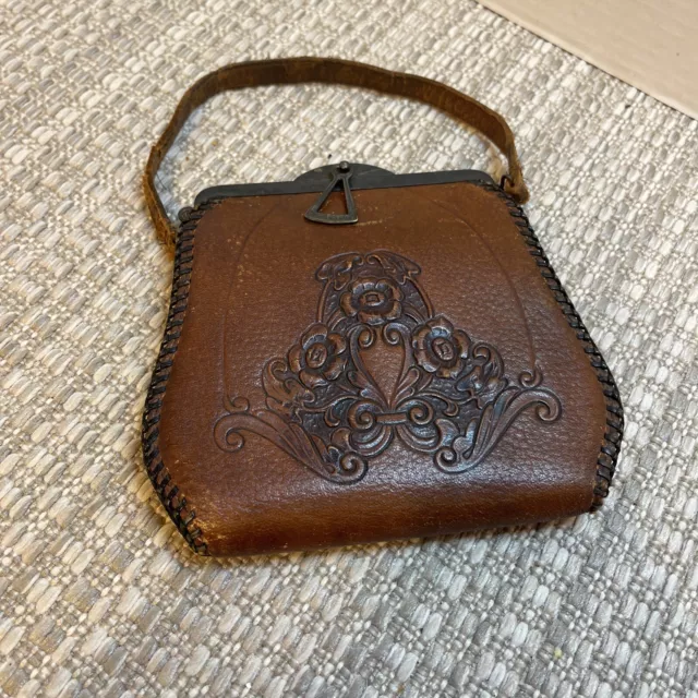 Vintage Hand Tooled Leather Metal Purse Early 1900s Art Nouveau Antique