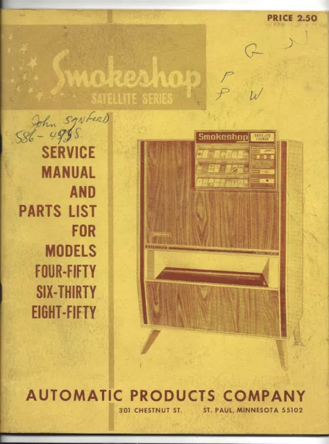 Service Manual/Parts List-Smokeshop 450 630 850-Satellite Series-Cigarette Vend