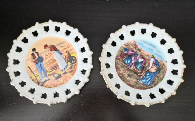 Lot de 2 Assiettes Décoratives en Porcelaine - Blanc, Effet Doré avec images