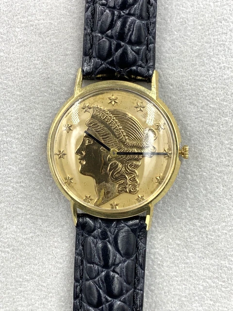 Lucien Piccard Liberty 18K Yellow Gold Coin Watch 17 Jewels Swiss 34mm Vintage Lucien Piccard Liberty 18K Yellow Gold Coin Watch 17 Jewels Swiss 34mm Vintage
