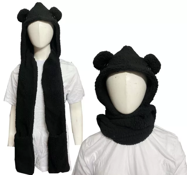 Cute Hat Scarf Gloves 3 In 1 Set Bear Ear Fleece Winter Warm Hooded Earflap Girl