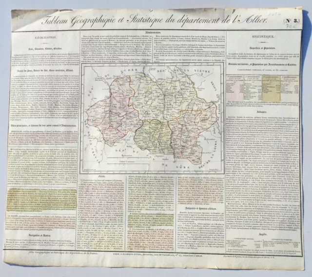 Dépt 03 - Rare Carte Géographique & Statistique de l'Allier Aquarellée de 1826