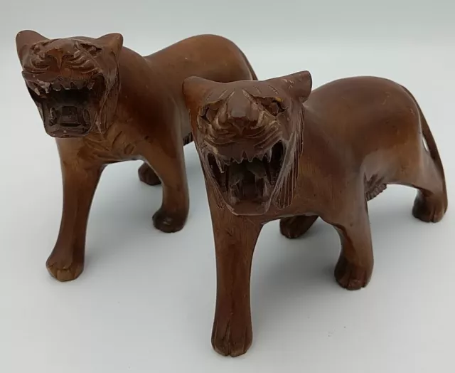 Pair Of Vintage Hand Carved Wooden Tiger Statues Roaring Asia/Indian Rosewood ⭐⭐