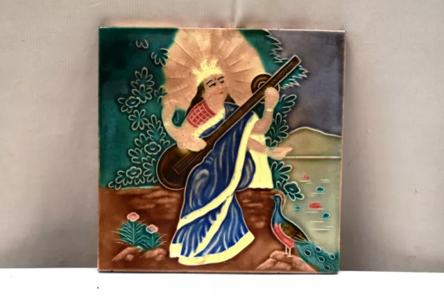 Ancien Raja Ravi Varma Tuile De Majolique Art Nouveau Japan Sarasvati Céramique