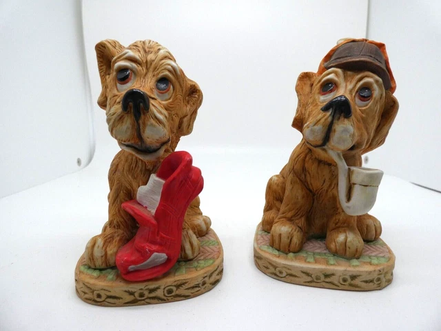 Vintage Lefton China 1985 Hound Dog Figurines (set of 2) Foil Stickers Taiwan