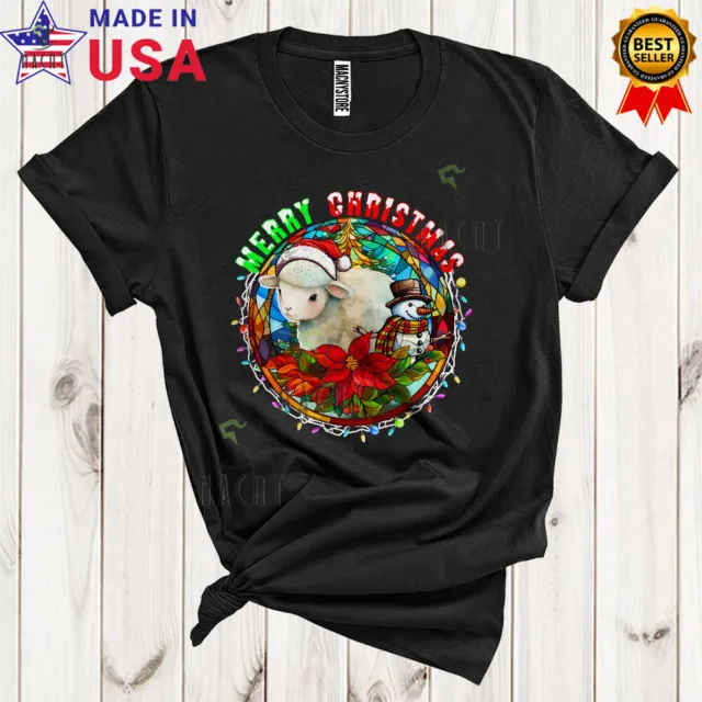 Merry Christmas Santa Sheep Snowman Floral Xmas Light Circle Farm Animal T-Shirt