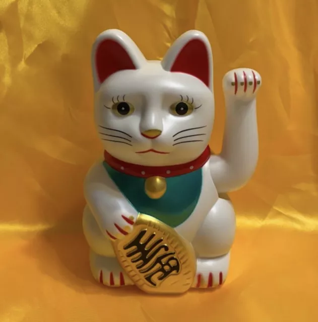 Maneki Neko Welcoming Lucky Beckoning Hands Waving Fortune Cat- White,7”H