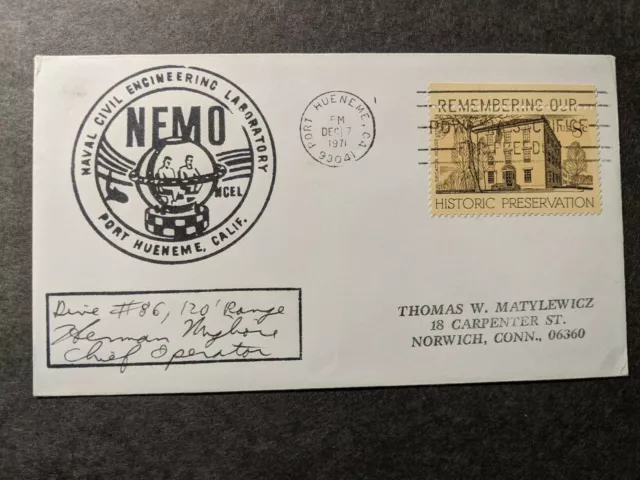 Submersible NEMO Naval Cover 1971 Signed Cachet Port Hueneme, Calif