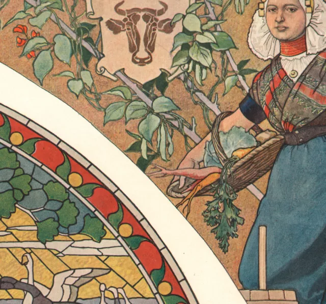 1900 Lithographie Art nouveau L'agriculture vitrail maraîchère oies Décoration