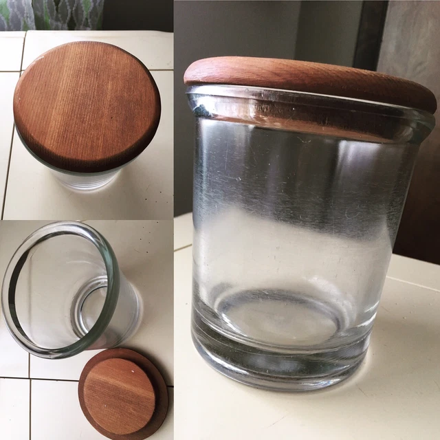 ANTIQUE CLEAR GLASS Humidor Tobacco Jar Canisters With Wood Top 6" Tall