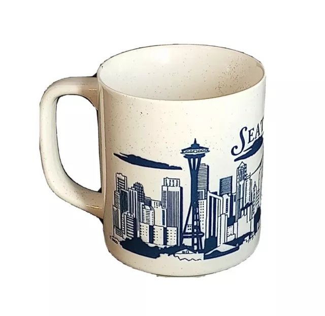 Vintage Space Needle Mug Embossed Seattle Washington Souvenir History Blue EUC