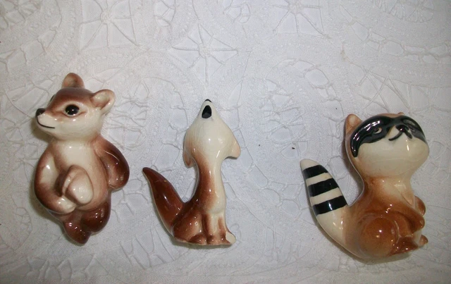 3 Vintage MCM Fred Kaye Ceramics Coyote Raccoon Squirrel Small Figurines