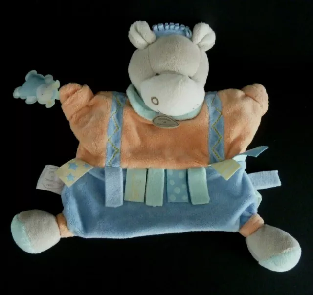 U1. DOUDOU ET COMPAGNIE PLAT MARIONNETTE ANE CHEVAL orange bleu étiquette  TTBE