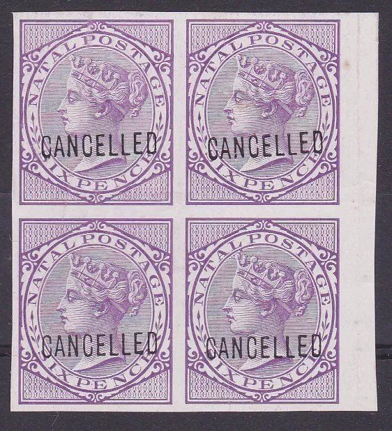 NATAL 1874-99 6d proof block of 4 on glazed paper optd CANCELLED...........67603