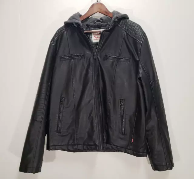 Levi's Faux Leather Jacket Mens XL Sweatshirt Hood Full Zip Quilt Lining