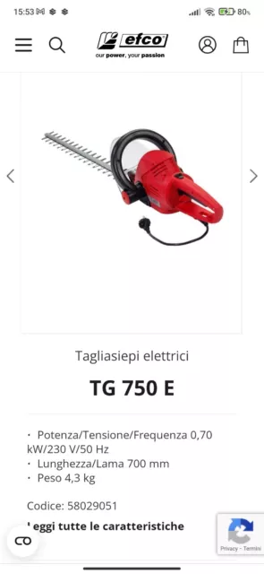 Tagliasiepi Elettrico EFCO TG 750 E - 0,70 kW Lama 700 mm 4,3 Kg