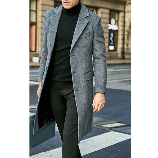 Mens Winter Trench Coat Long Jacket Lapel Neck Outwear Single Breasted Overcoat 5