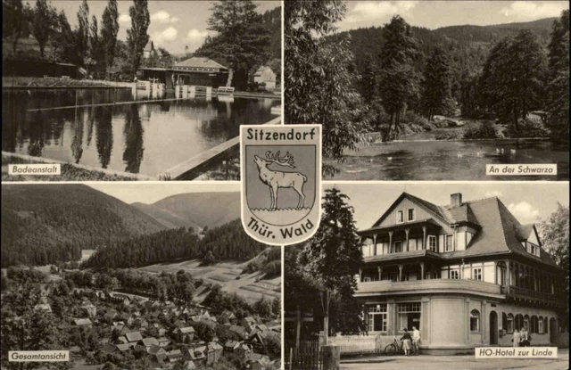 SITZENDORF THÜRINGER WALD DDR Mehrbildkarte 1960 Badeanstalt Hotel zur ...