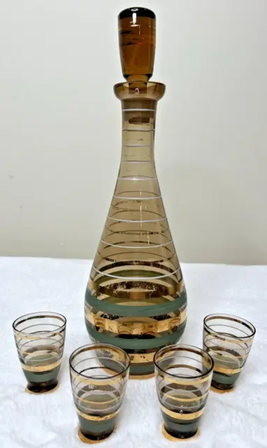 Vintage Glass Decanter With Stopper, 4 Shot Glasses Amber Green Gold Stripes 12”