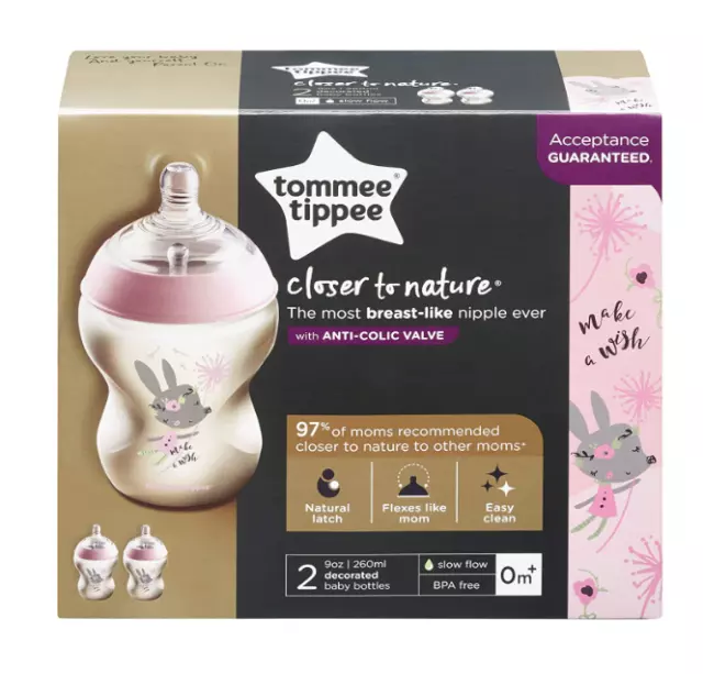 Tommee Tippee Closer to Nature Baby Bottle Pink, Anti-Colic Valve , 0m+, 9 oz