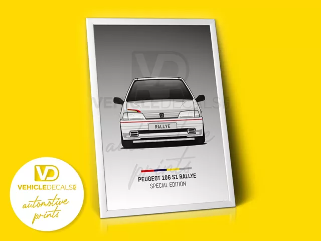 Peugeot 106 S1 Rallye Weiss Sonderausgabe Auto Poster Zeichnung Automobildruck