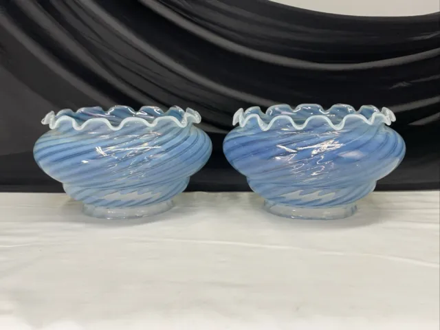 PAIR Vtg Fenton Blue Opalescent Swirl Ruffled Glass Lamp Shade Gas Oil 4" Fitter