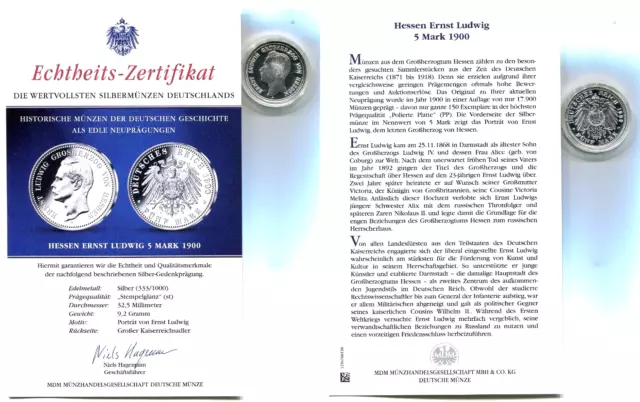 Silbermedaille "Hessen - 5 Mark 1900" in Kapsel mit Zertifikat
