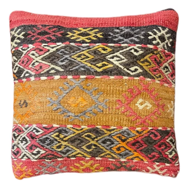 Handmade Exquisite Turkish Vintage Kilim Pillow Cover 16x16 (INV8028)