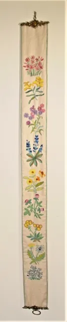 Vintage Lovely Hand Crafted Crewel Wall Hanging Runner Brass Ends Floral Motif