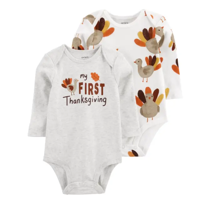 Baby's Boy Girl First Thanksgiving TWO Bodysuits Turkey NWT Carters NB 3 9 12