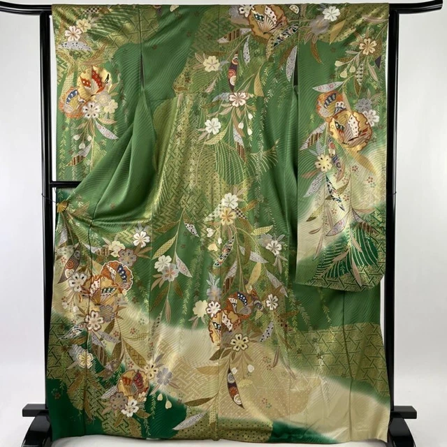 Woman Japanese Kimono Furisode Silk Butterfly Flower Gold Silver Green 171cm