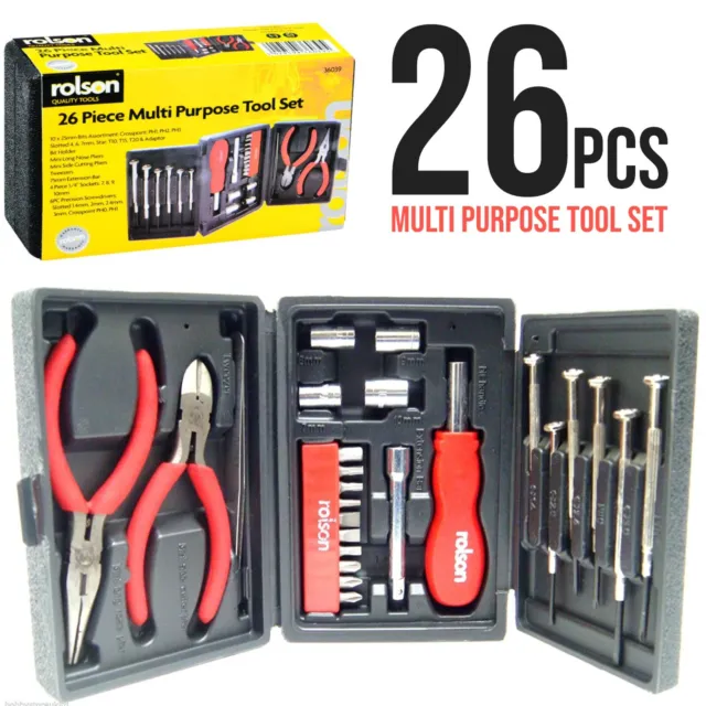 26pc Mini Tool Kit Electrical Precision Screwdrivers Pliers Socket Set in Case