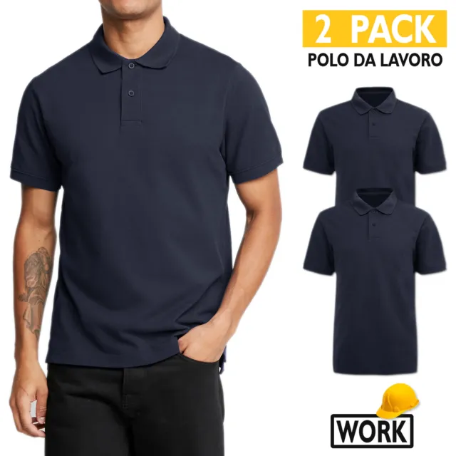 2 Pezzi Polo Uomo Da Lavoro Manica Corta Blu 100% Cotone T-shirt Casual VEQUE