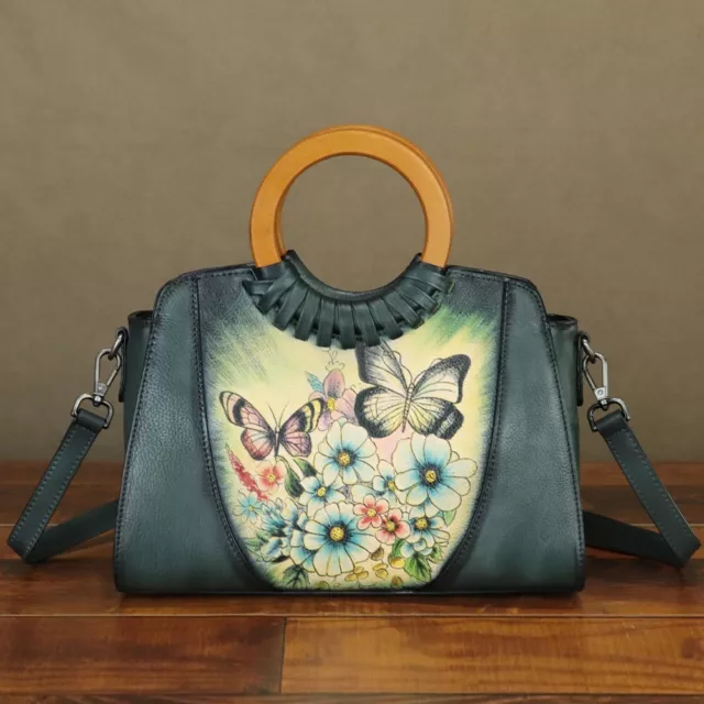 Hand Painted Butterfly Women Genuine Leather Handbags Purses Retro Shoulder Bag 2