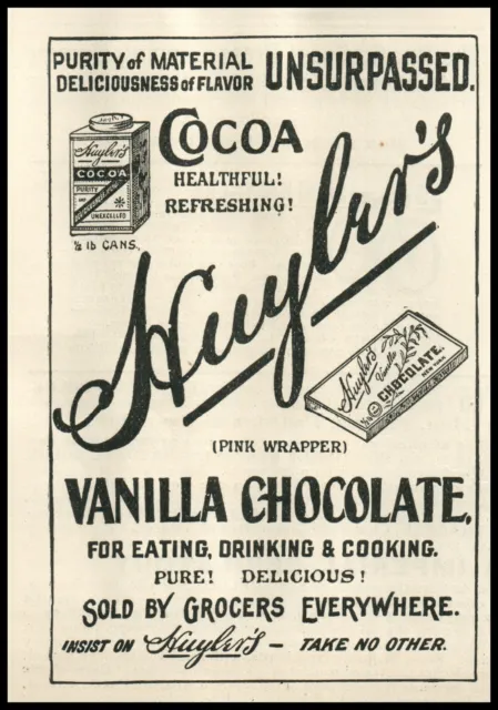 1898 Huyber's Pure Cocoa Vanilla Chocolate Candy Bar Drink Food Cooking Ad A054