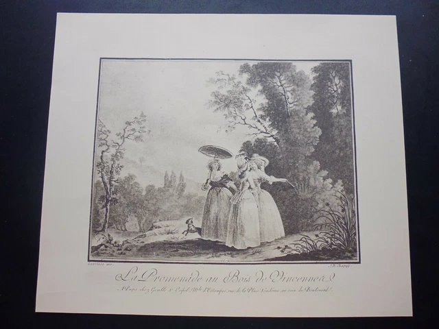 Gravure N/B 19°: la promenade au bois de Vincennes par Jean-Baptiste Chapuy