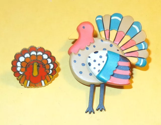 2 Vintage Hallmark Thanksgiving Turkey Pins Colorful Plastic & 1987 Metal Tack