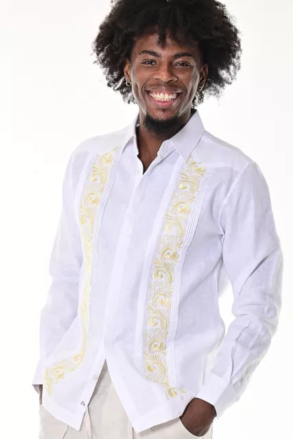 Bohio Mens Linen Cuban Guayabera Shirt for Men -Embroidered French Cuff -MLG1685
