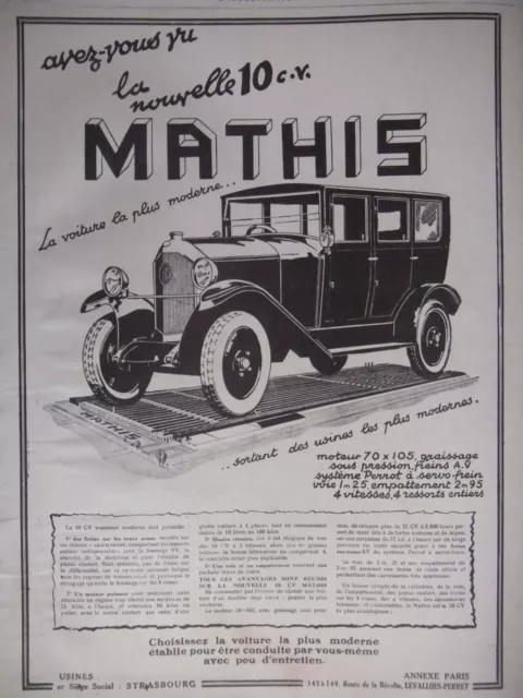 Publicité De Presse 1925 Voiture Mathis Nouvelle 10 Cv - Advertising